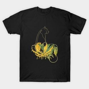 Yellow Lily Line Art Sitting Tiger T-Shirt